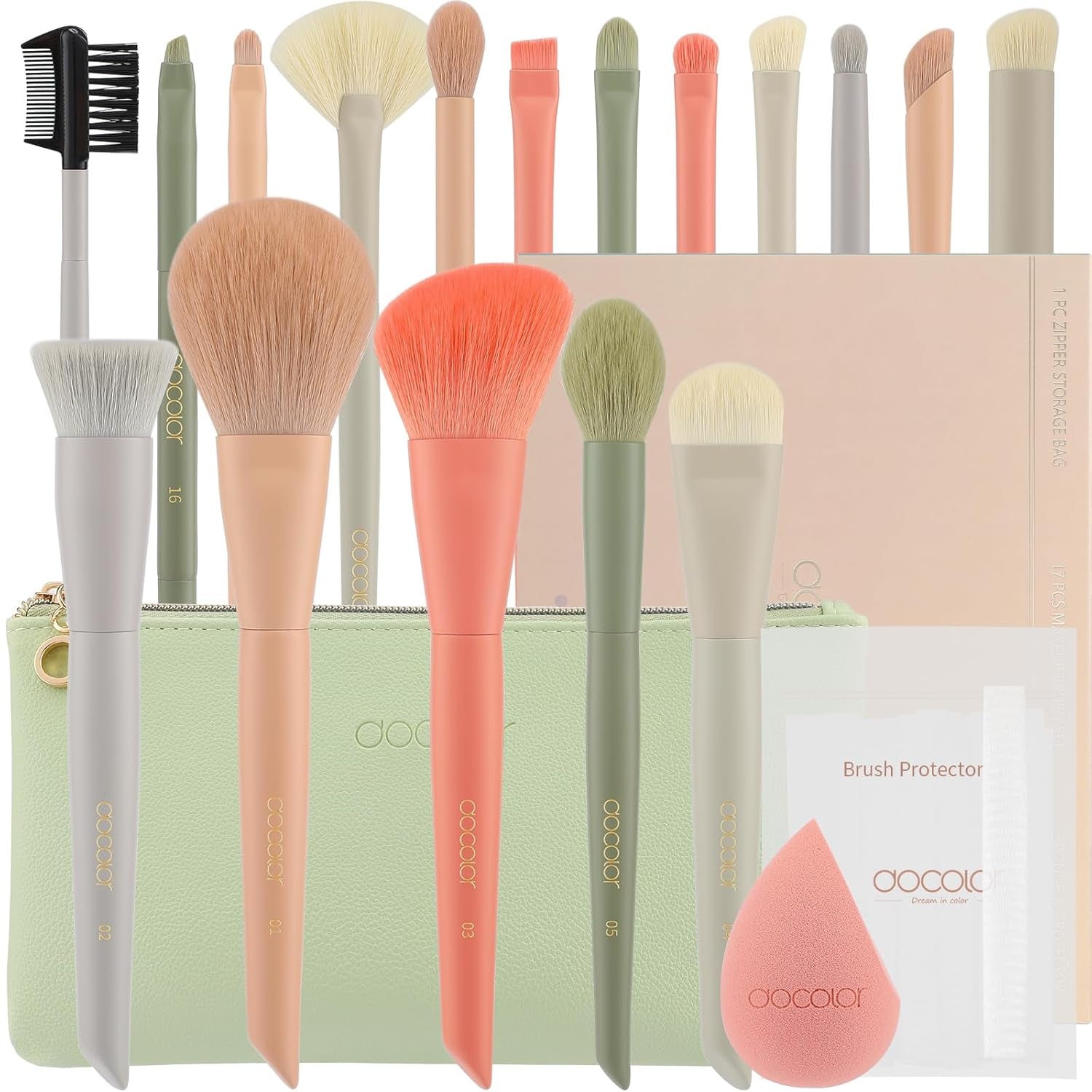 Makeup Brushes 17+2 Pcs with Makeup Bag, Makeup Sponge and Brush Protectory
